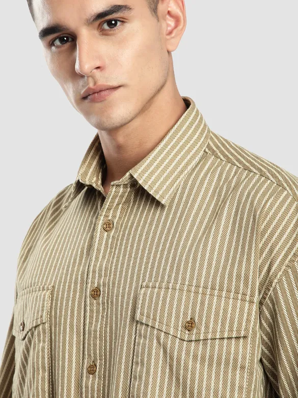 Sand Brown Herringbone Striped Shacket