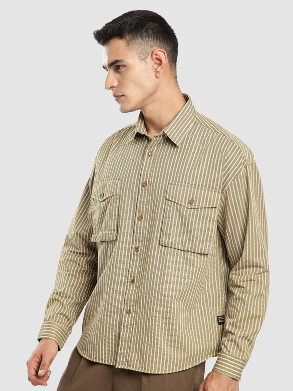 Sand Brown Herringbone Striped Shacket