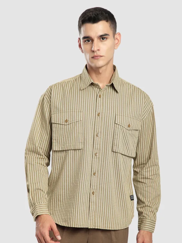 Sand Brown Herringbone Striped Shacket