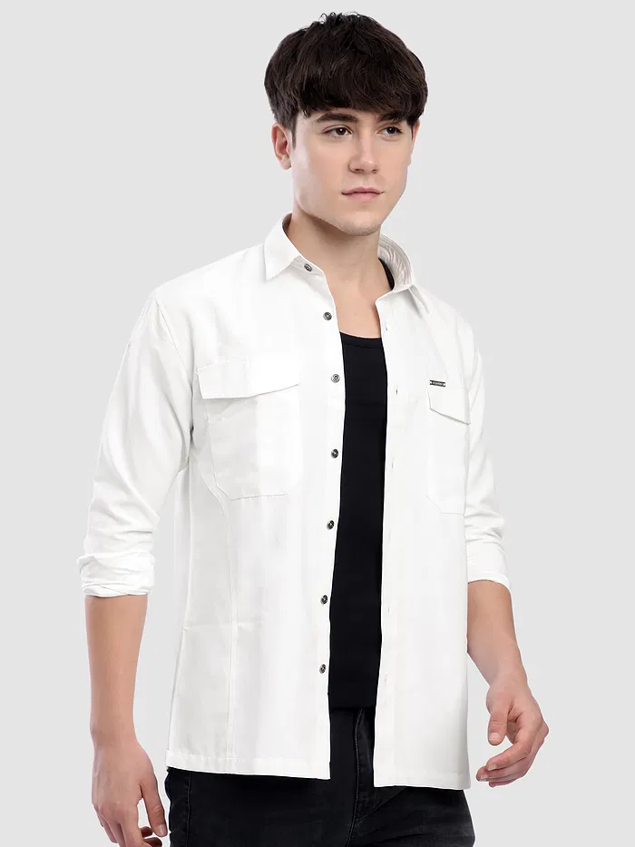 White Dual Pocketed Suede Shirt