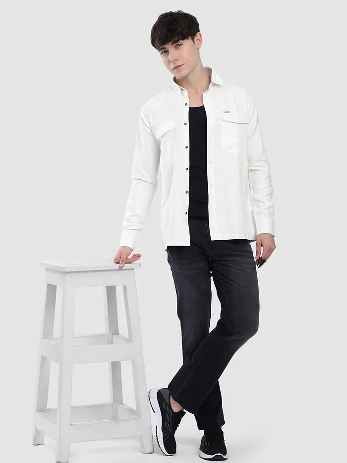 White Dual Pocketed Suede Shirt
