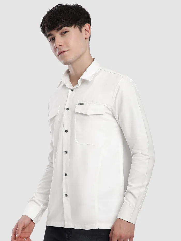 White Dual Pocketed Suede Shirt