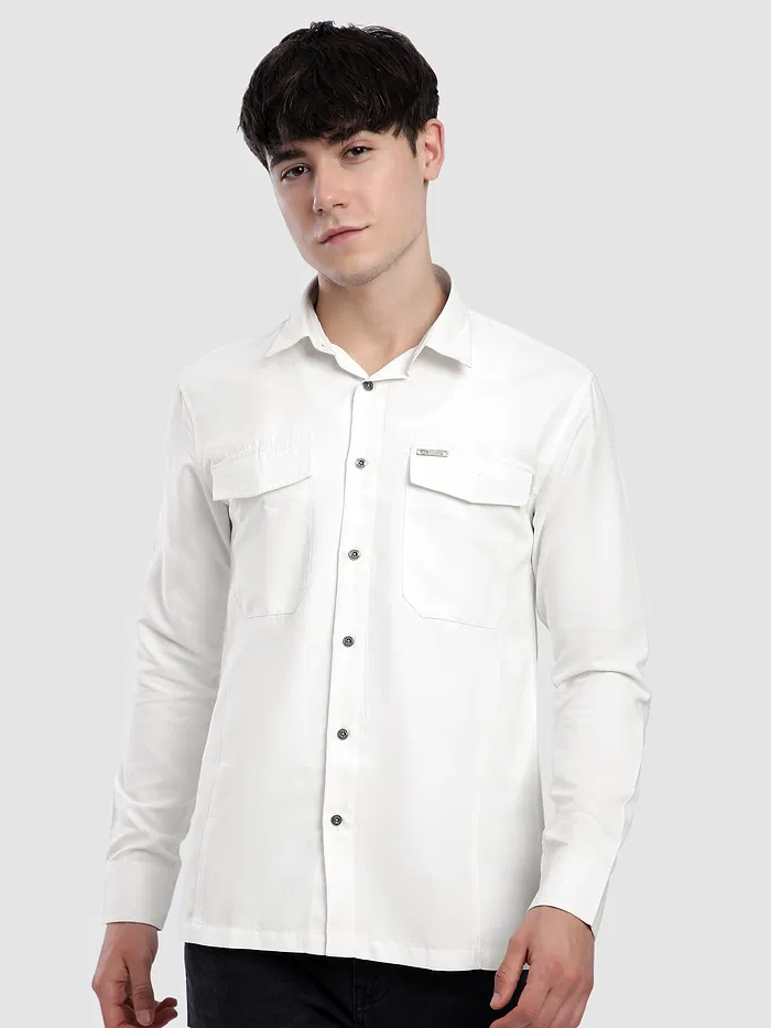 White Dual Pocketed Suede Shirt