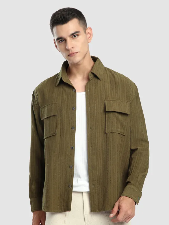 Wood Brown Structured Stripe Shirt