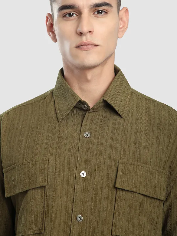 Wood Brown Structured Stripe Shirt