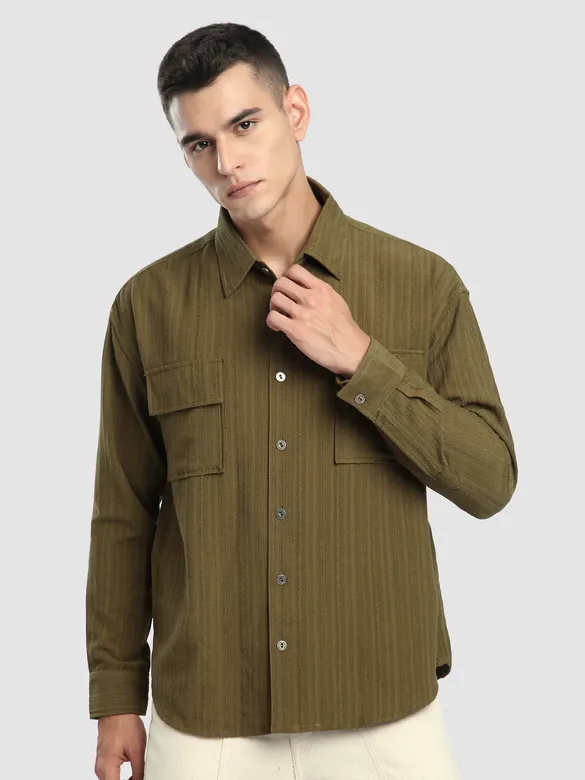 Wood Brown Structured Stripe Shirt