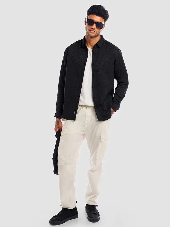 Black Full Sleeve Waffle Shirt For Men