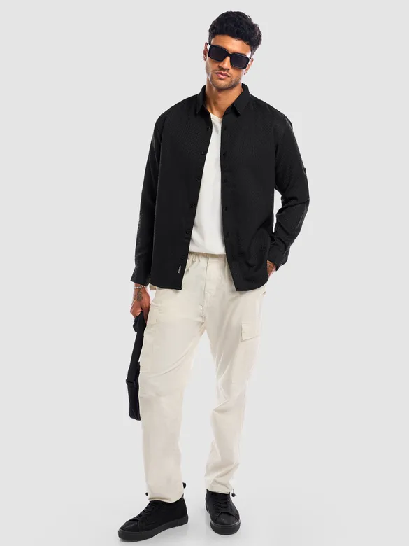 Black Full Sleeve Waffle Shirt For Men