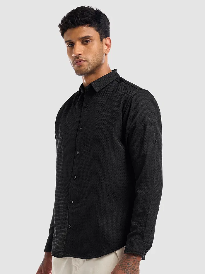 Black Full Sleeve Waffle Shirt For Men