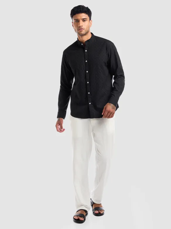 Black Mandarin Collar Shirt For Men
