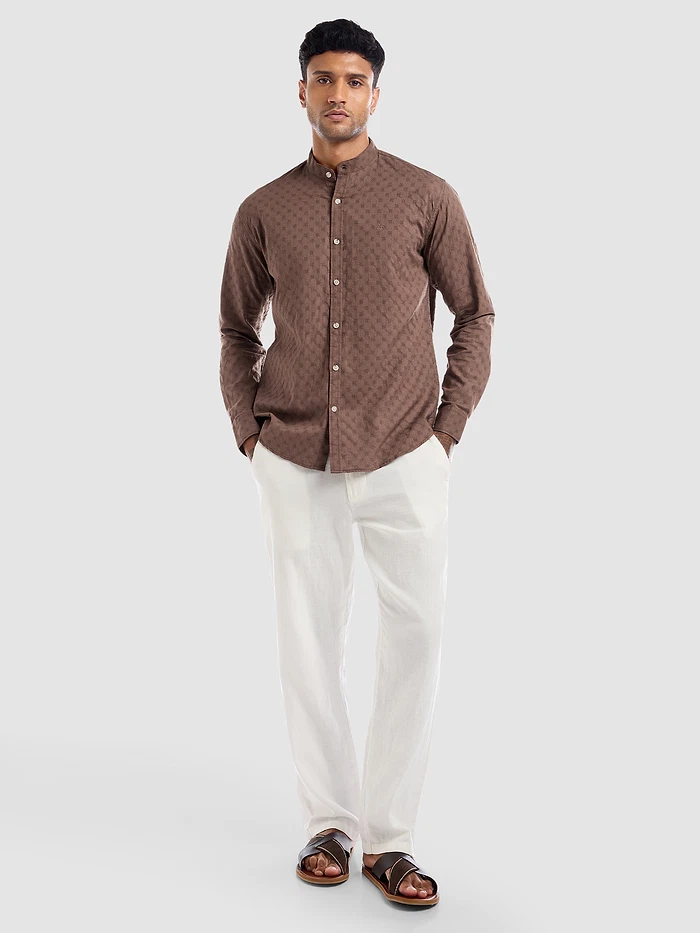 Brown Mandarin Collar Shirt For Men