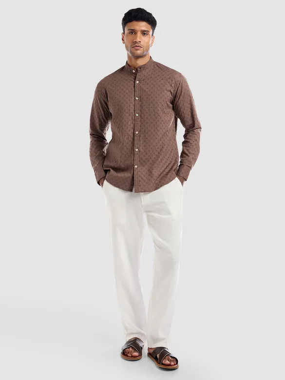 Brown Mandarin Collar Shirt For Men