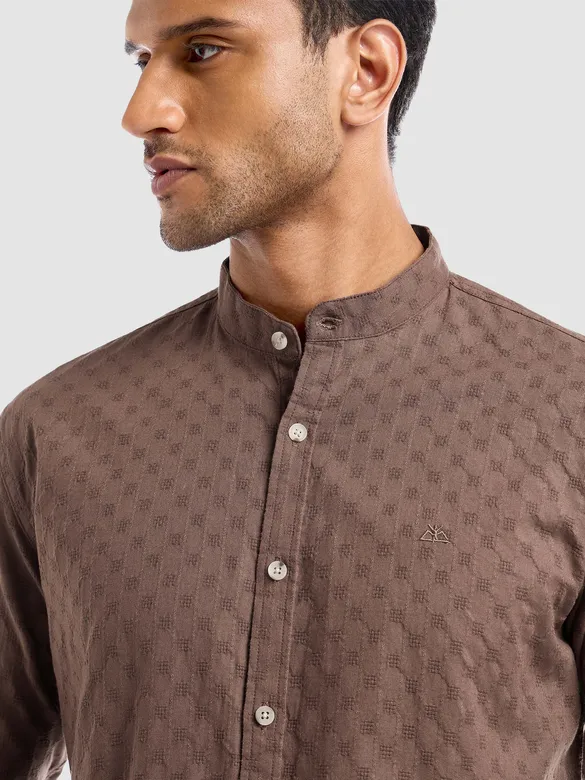 Brown Mandarin Collar Shirt For Men
