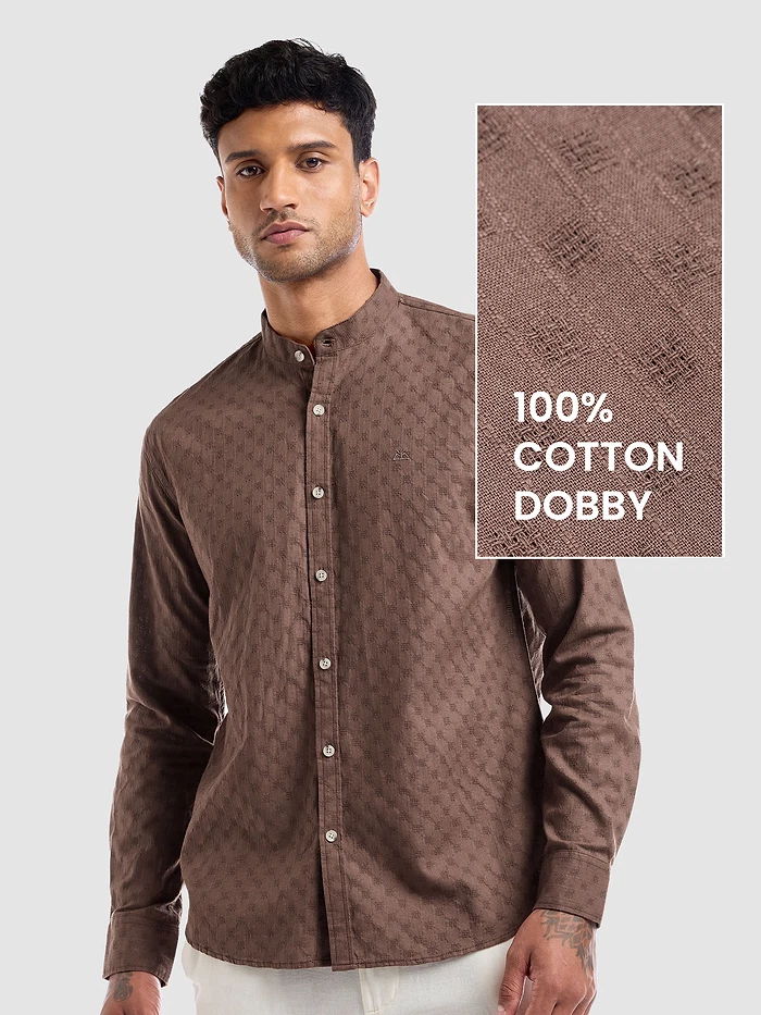 Brown Mandarin Collar Shirt For Men
