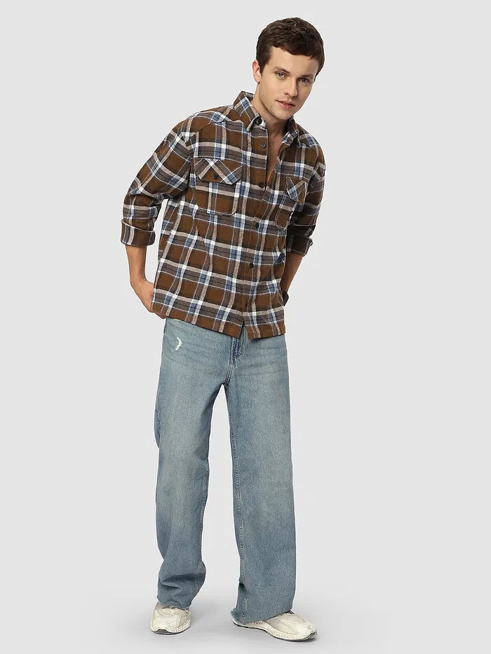Brown Recycled Check Flannel Shirt