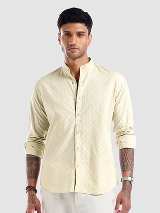 Cream Mandarin Collar Shirt For Men