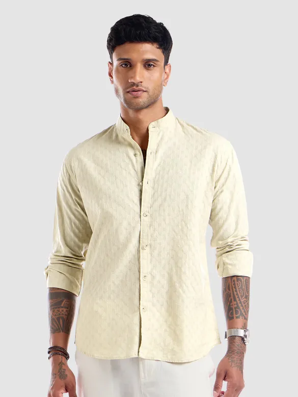 Cream Mandarin Collar Shirt For Men