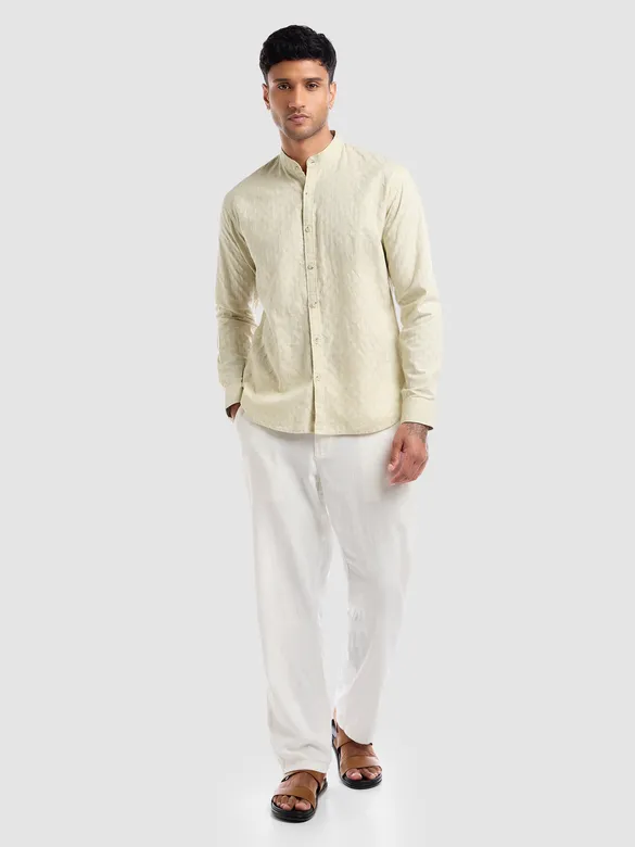 Cream Mandarin Collar Shirt For Men
