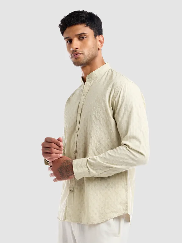 Cream Mandarin Collar Shirt For Men