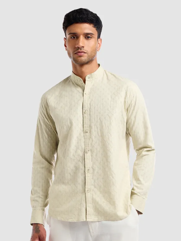 Cream Mandarin Collar Shirt For Men