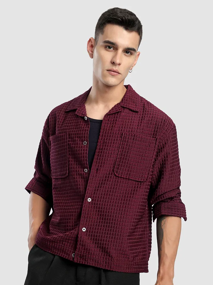 Dark Maroon Bubble Textured Shacket