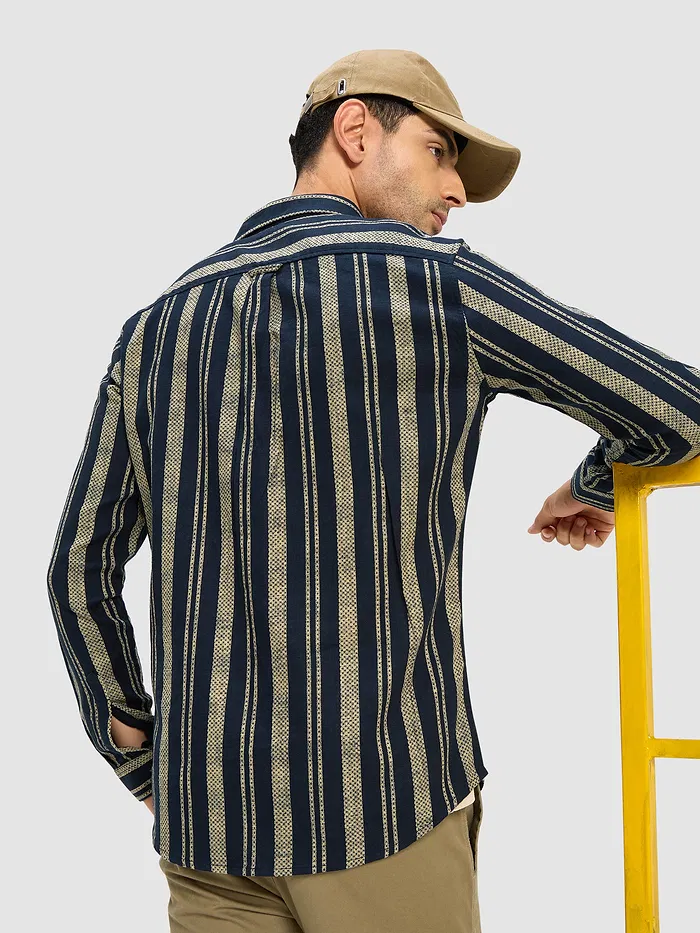 Navy Blue and Beige Striped Shirt
