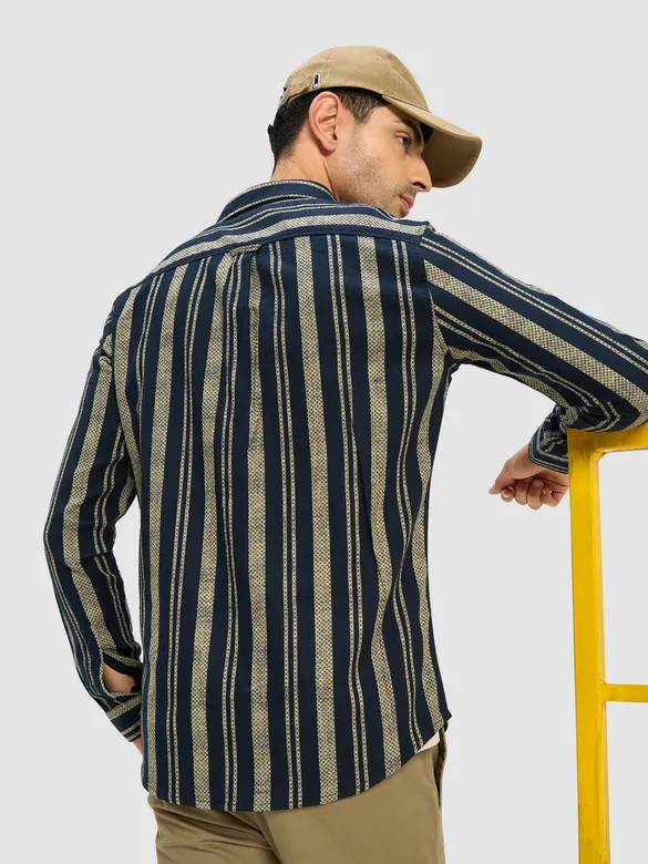 Navy Blue and Beige Striped Shirt