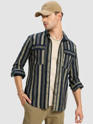 Navy Blue and Beige Striped Urban Shirt for Men