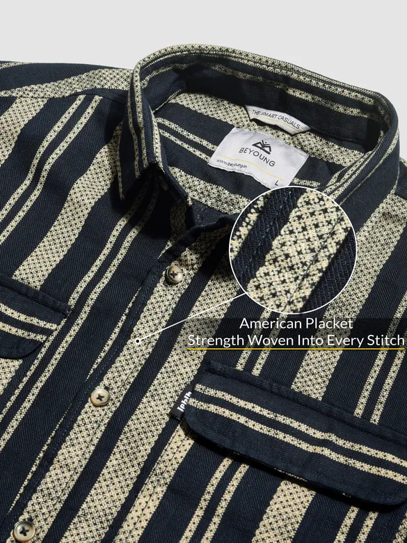 Navy Blue and Beige Striped Shirt
