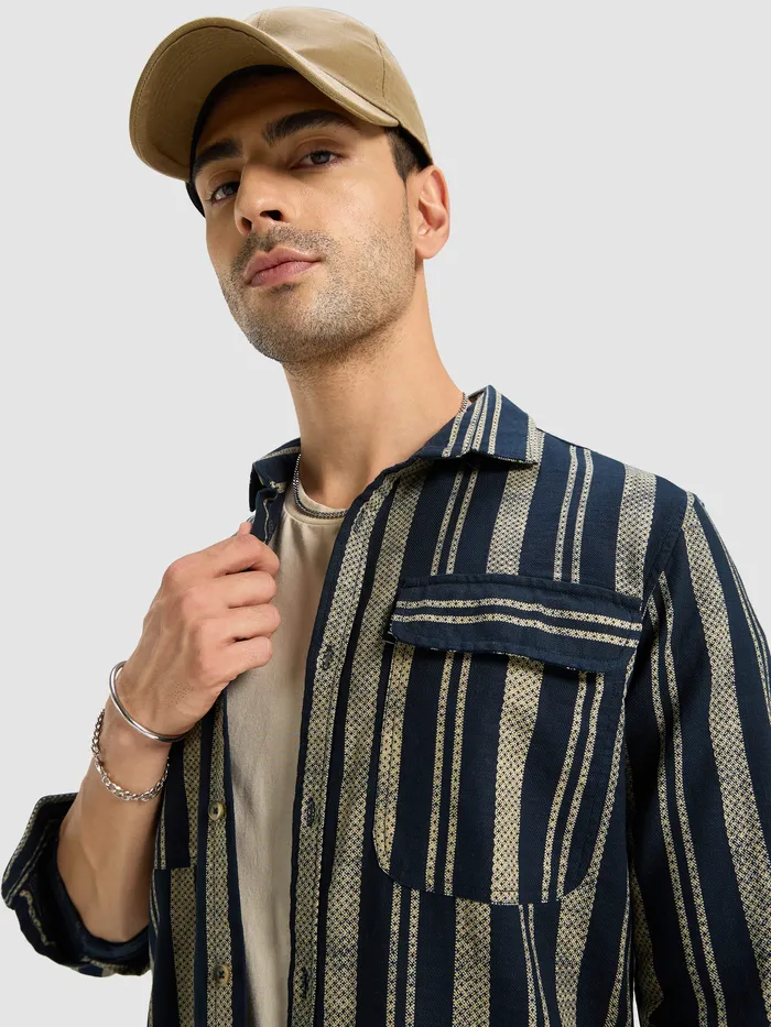 Navy Blue and Beige Striped Shirt