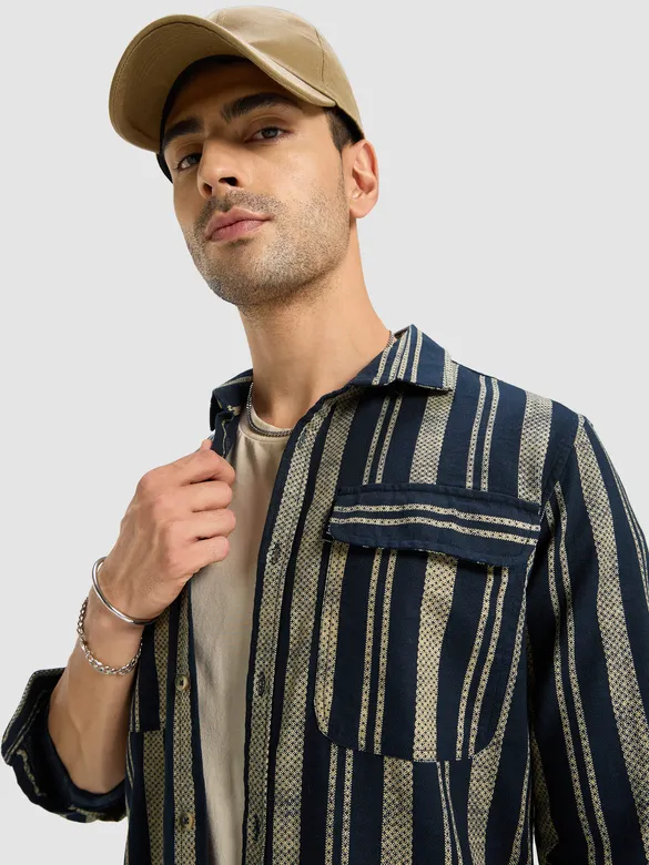 Navy Blue and Beige Striped Shirt