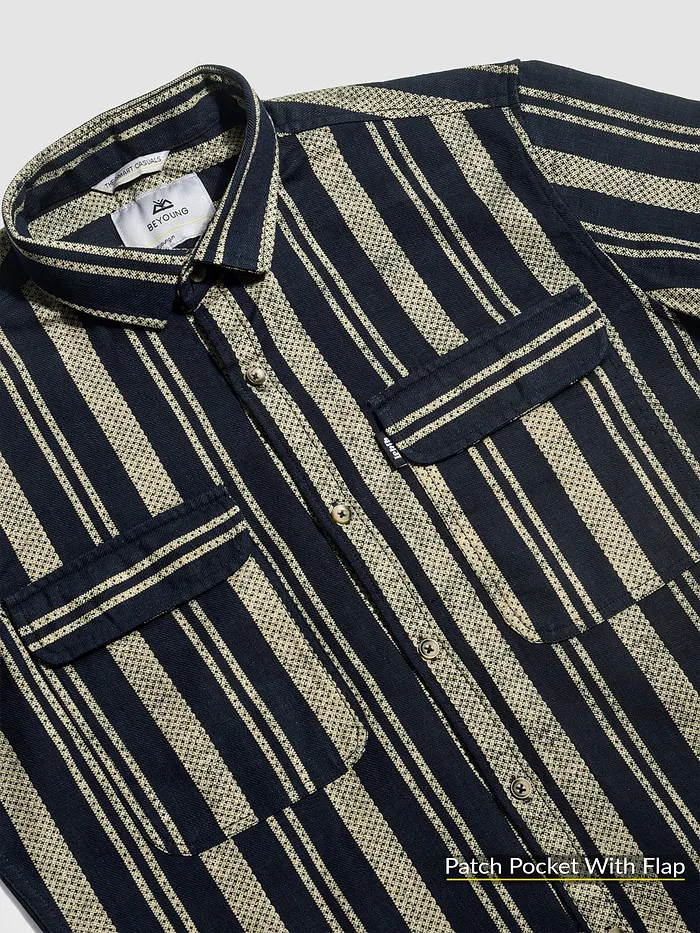 Navy Blue and Beige Striped Shirt
