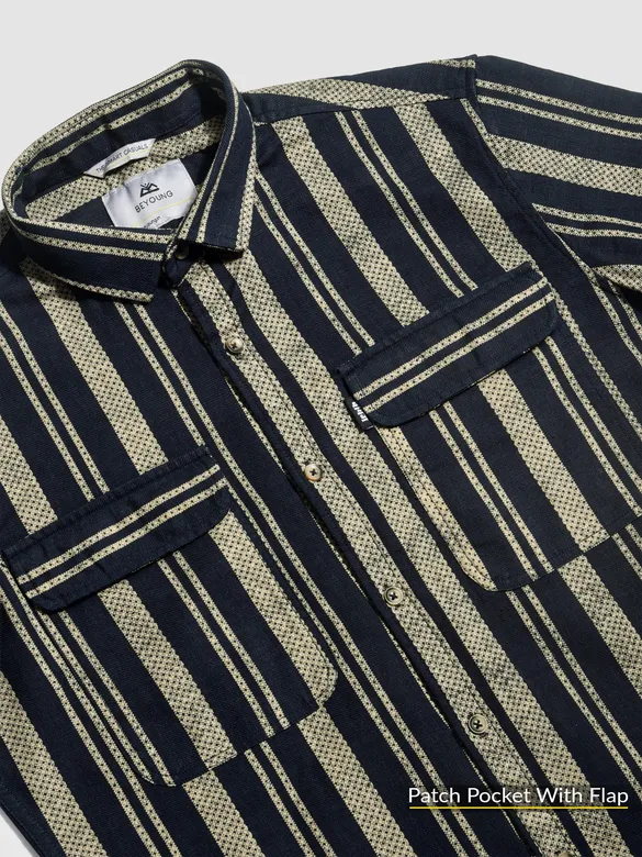 Navy Blue and Beige Striped Shirt