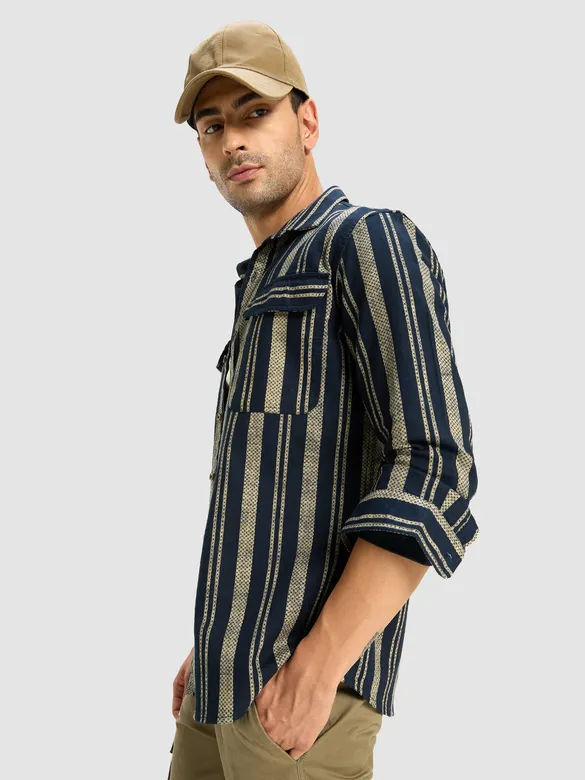 Navy Blue and Beige Striped Shirt