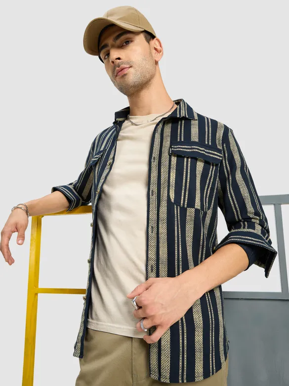 Navy Blue and Beige Striped Shirt