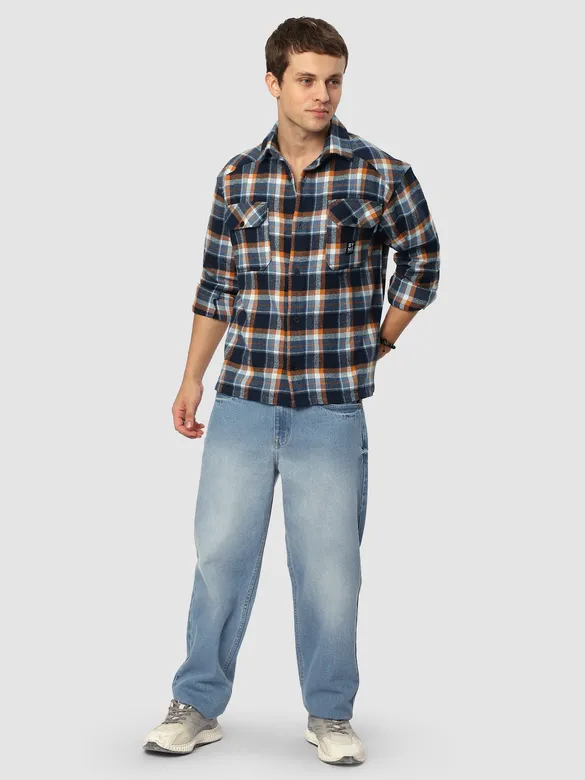 Navy Blue Recycled Check Flannel Shirt