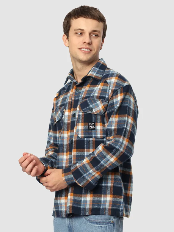 Navy Blue Recycled Check Flannel Shirt