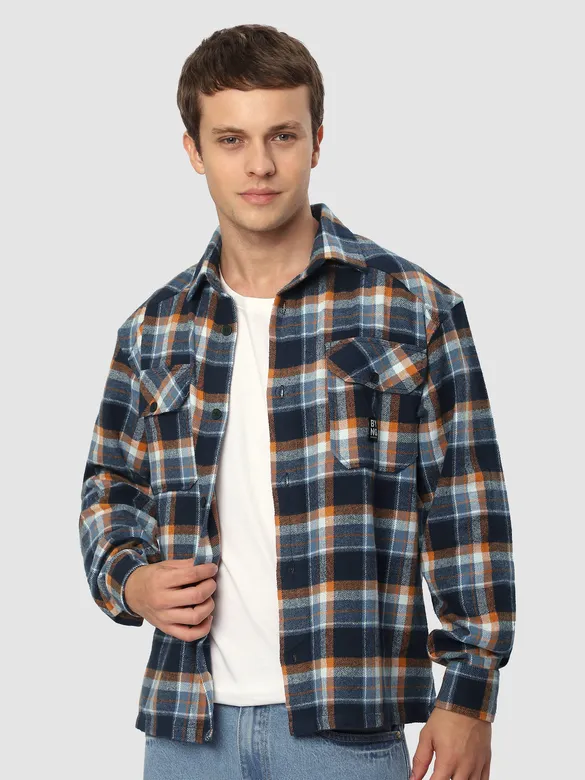 Navy Blue Recycled Check Flannel Shirt