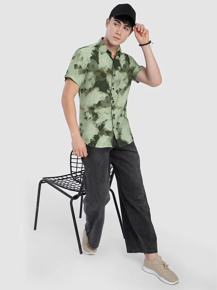 Olive Tie and Dye Printed Shirt