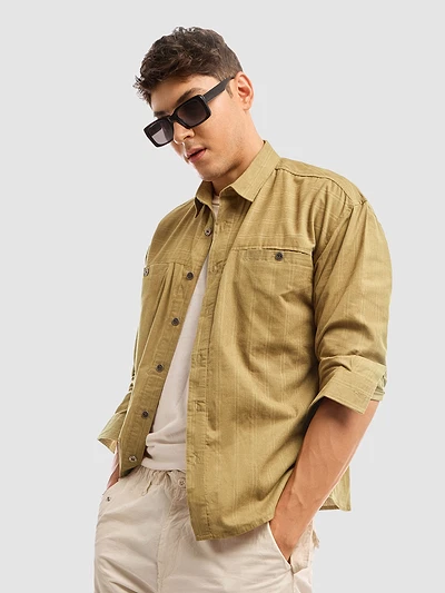 Sand Brown Cord Dobby Shirt For Men