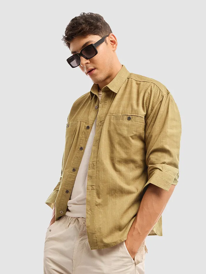 Sand Brown Cord Dobby Shirt For Men