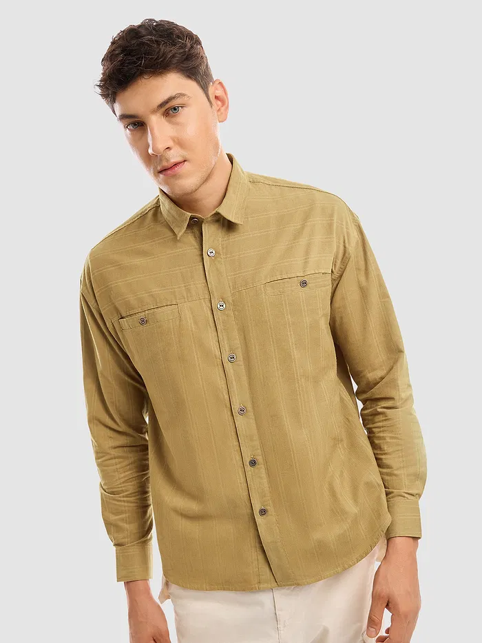 Sand Brown Cord Dobby Shirt For Men