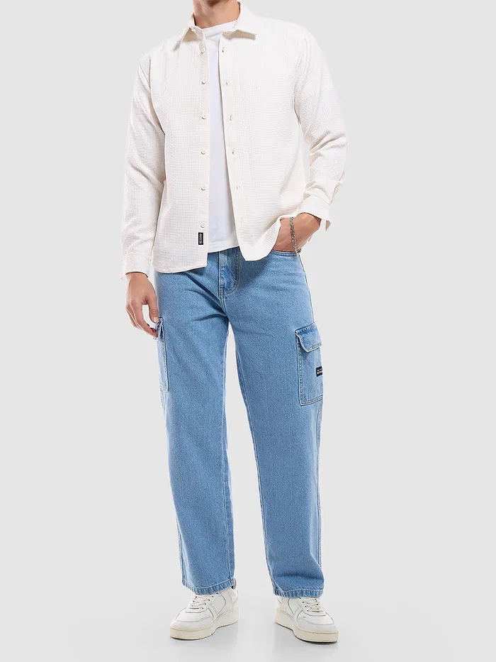 White Full Sleeve Waffle Shirt For Men