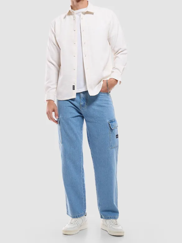 White Full Sleeve Waffle Shirt For Men