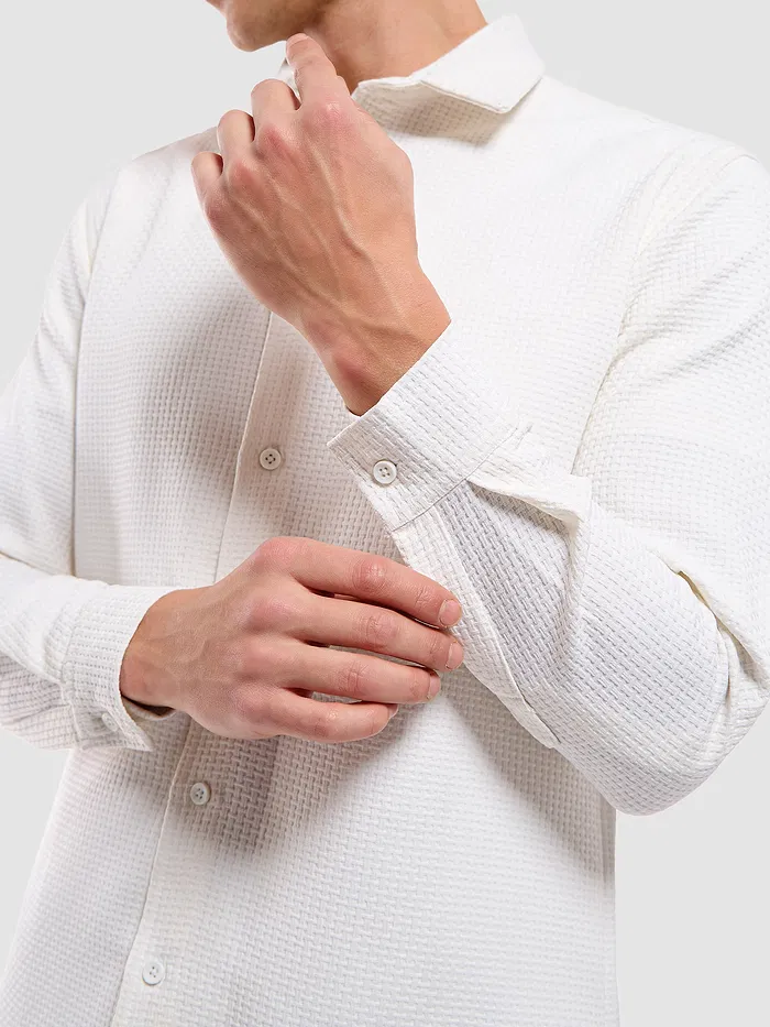 White Full Sleeve Waffle Shirt For Men