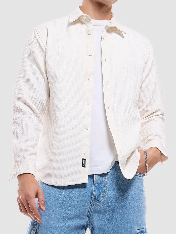 White Full Sleeve Waffle Shirt For Men
