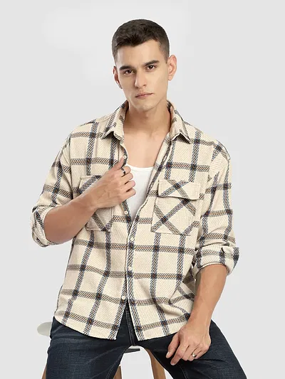 Beige Cotton Flannel Overshirt