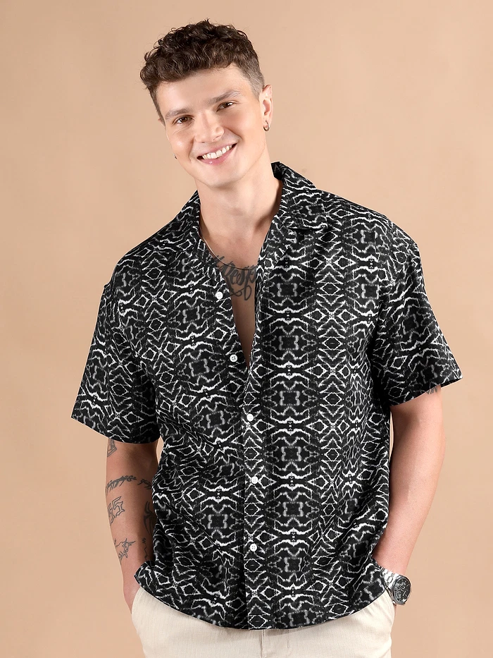 Black and White Printed Cuban Shirt