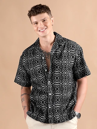 Black and White Printed Cuban Shirt