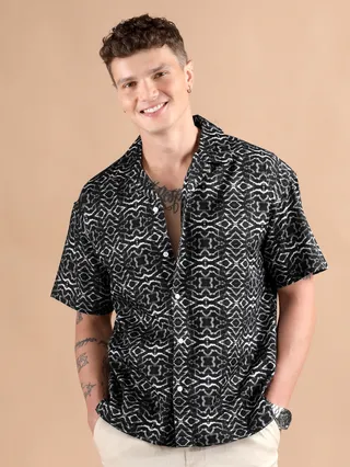 Black and White Printed Cuban Shirt